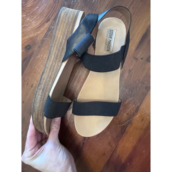 Steve Madden Black Leather Wooden Flatform Sandals, Size 9 - Picture 6 of 8